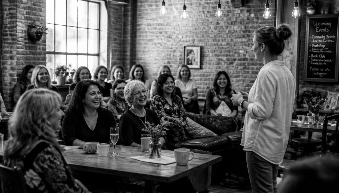 Woman speaking to a welcoming group of women at a community event