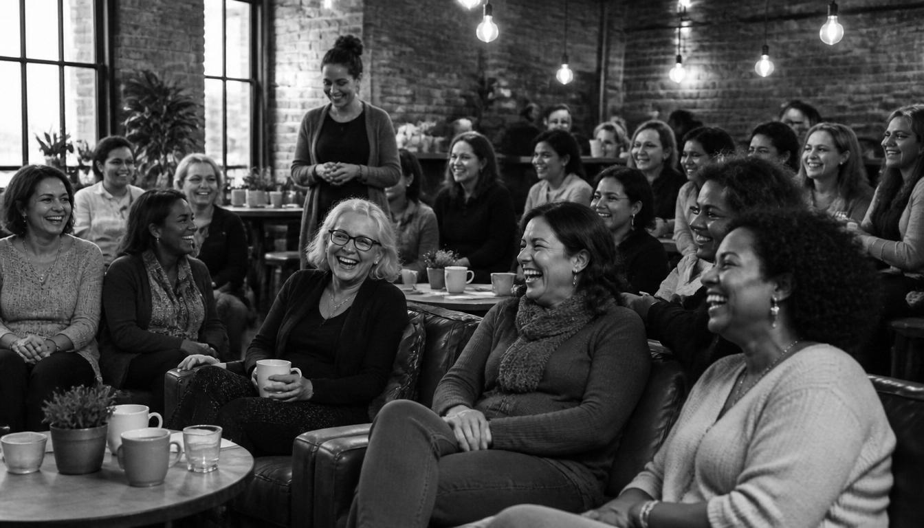 Women laughing together at a candlelit community event