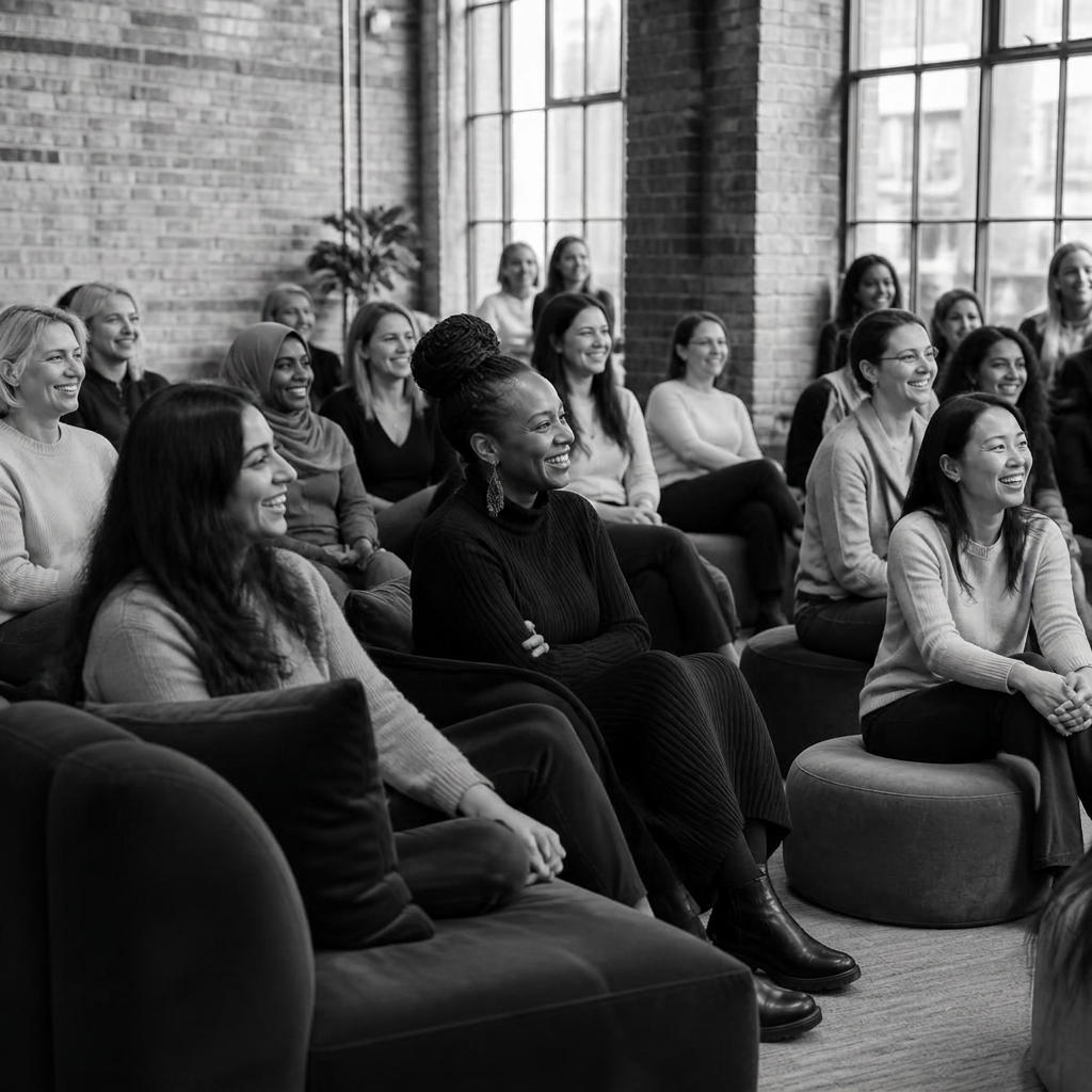 Women of different ages and backgrounds listening together in a bright loft space