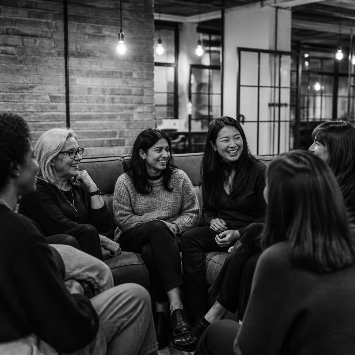 Women laughing and talking together on a sofa at a social event