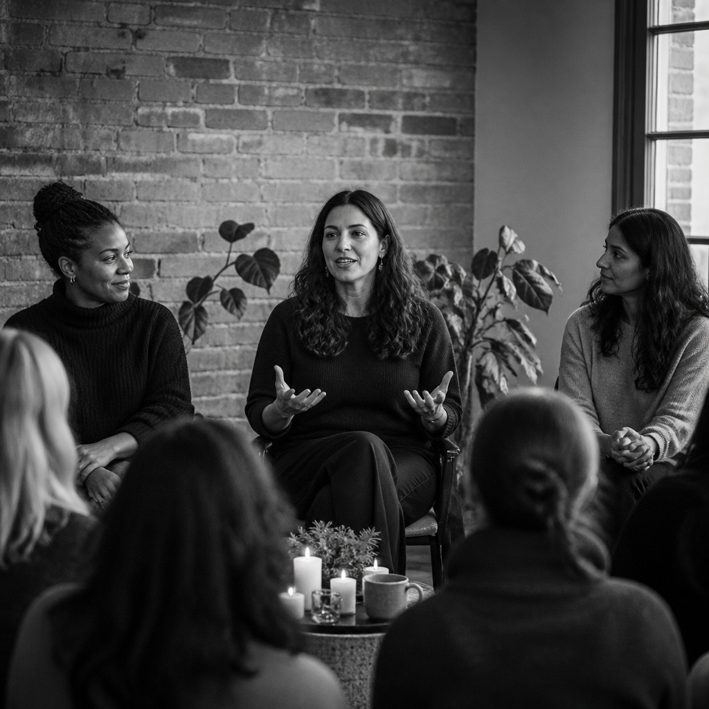 Women in conversation at an informal AI Social meet-up, one speaking expressively with her hands