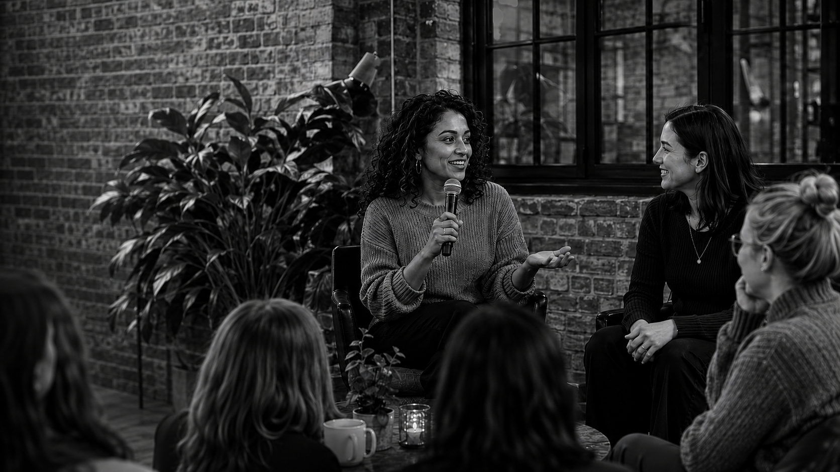 Two women speaking at a relaxed in-person AI Social event